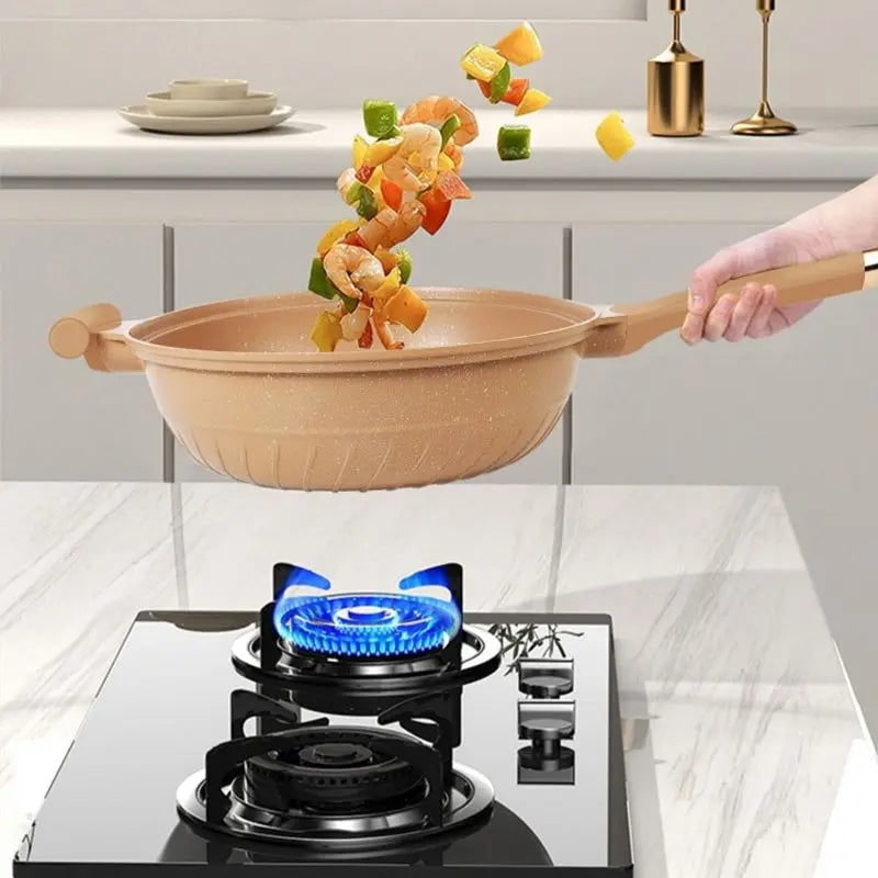 Speckled Non-Stick Wok Pan, Steamer Basket and Glass Lid