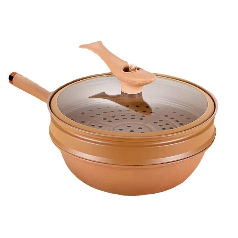Speckled Non-Stick Wok Pan, Steamer Basket and Glass Lid