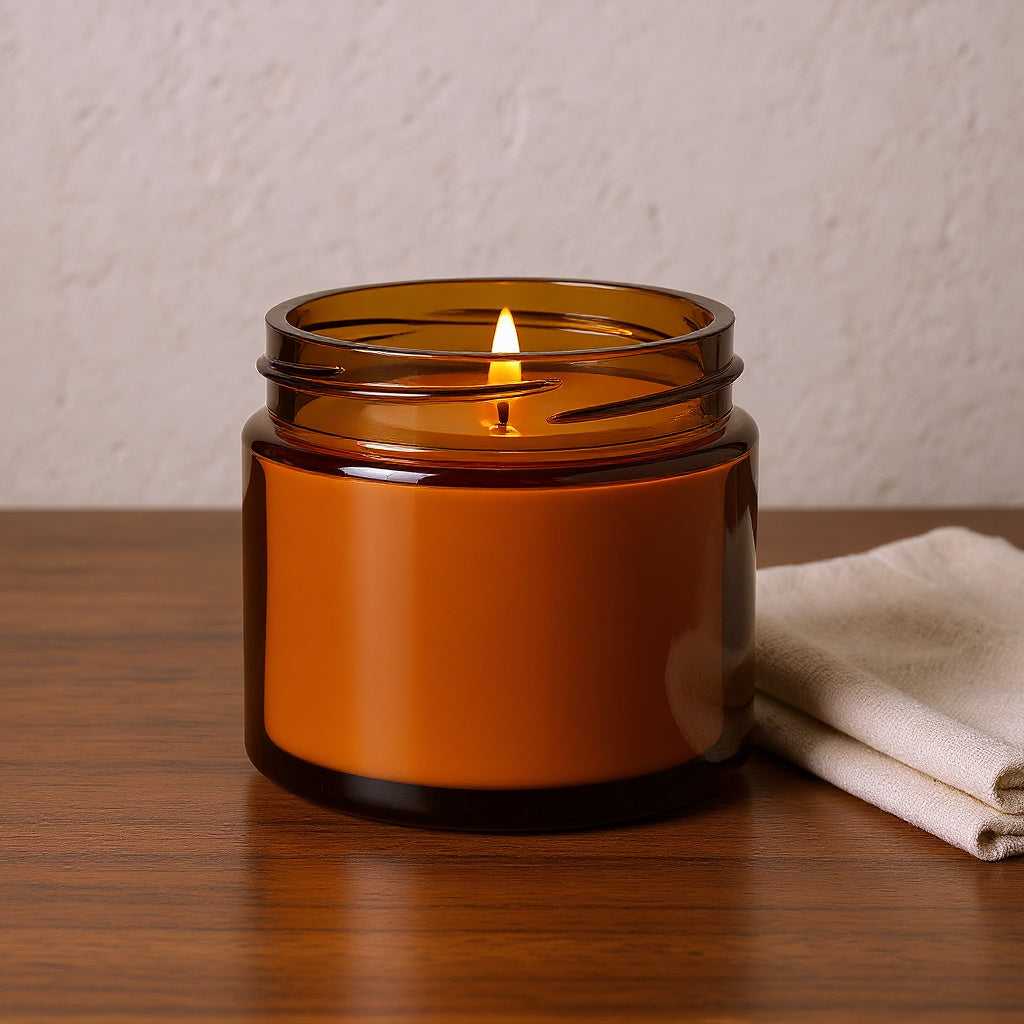 Naldony Amber Nights soy candle on a warm walnut table with a folded natural linen cloth