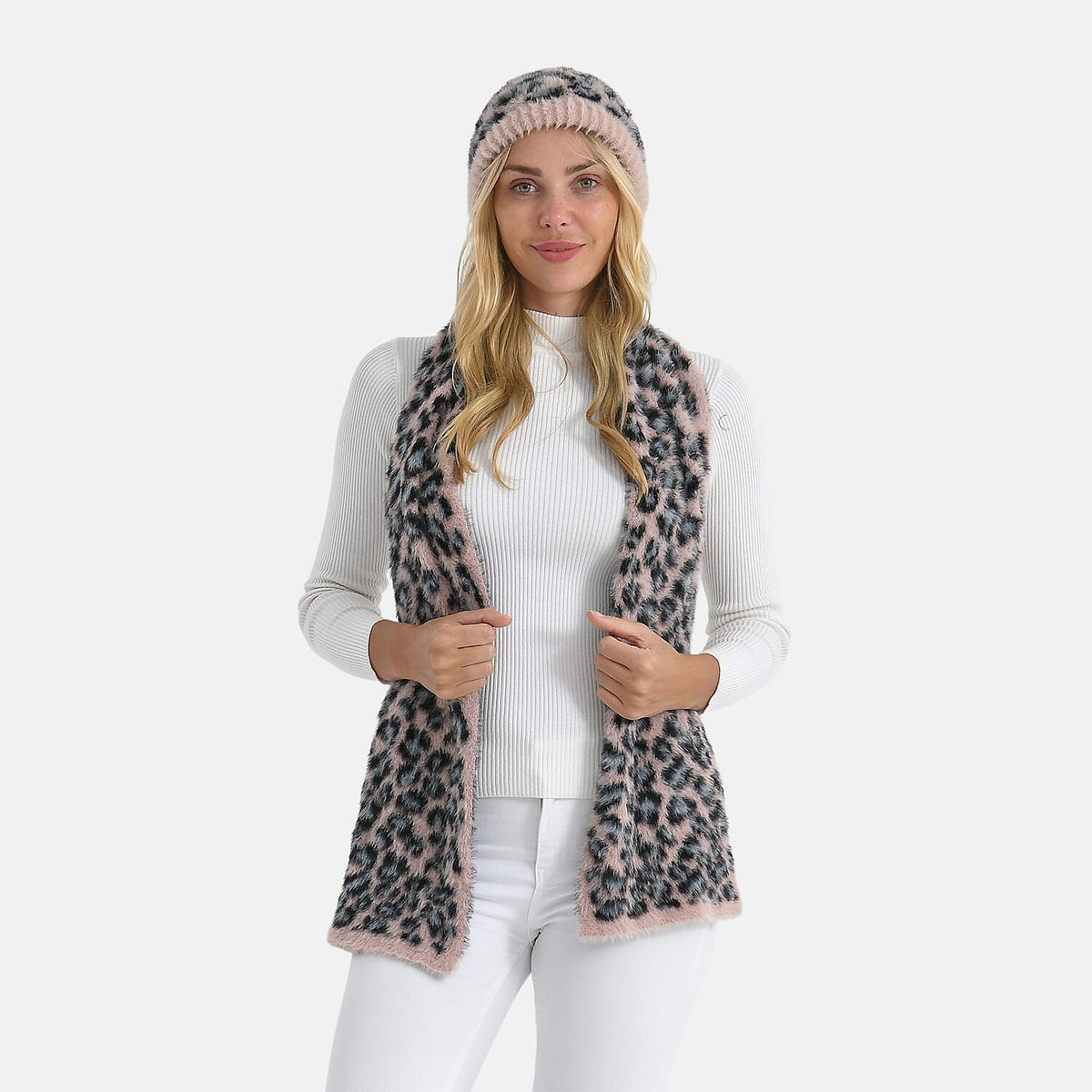 Styled By Women's Leopard Print Scarf & Hat Set – 2-Piece Winter Accessories