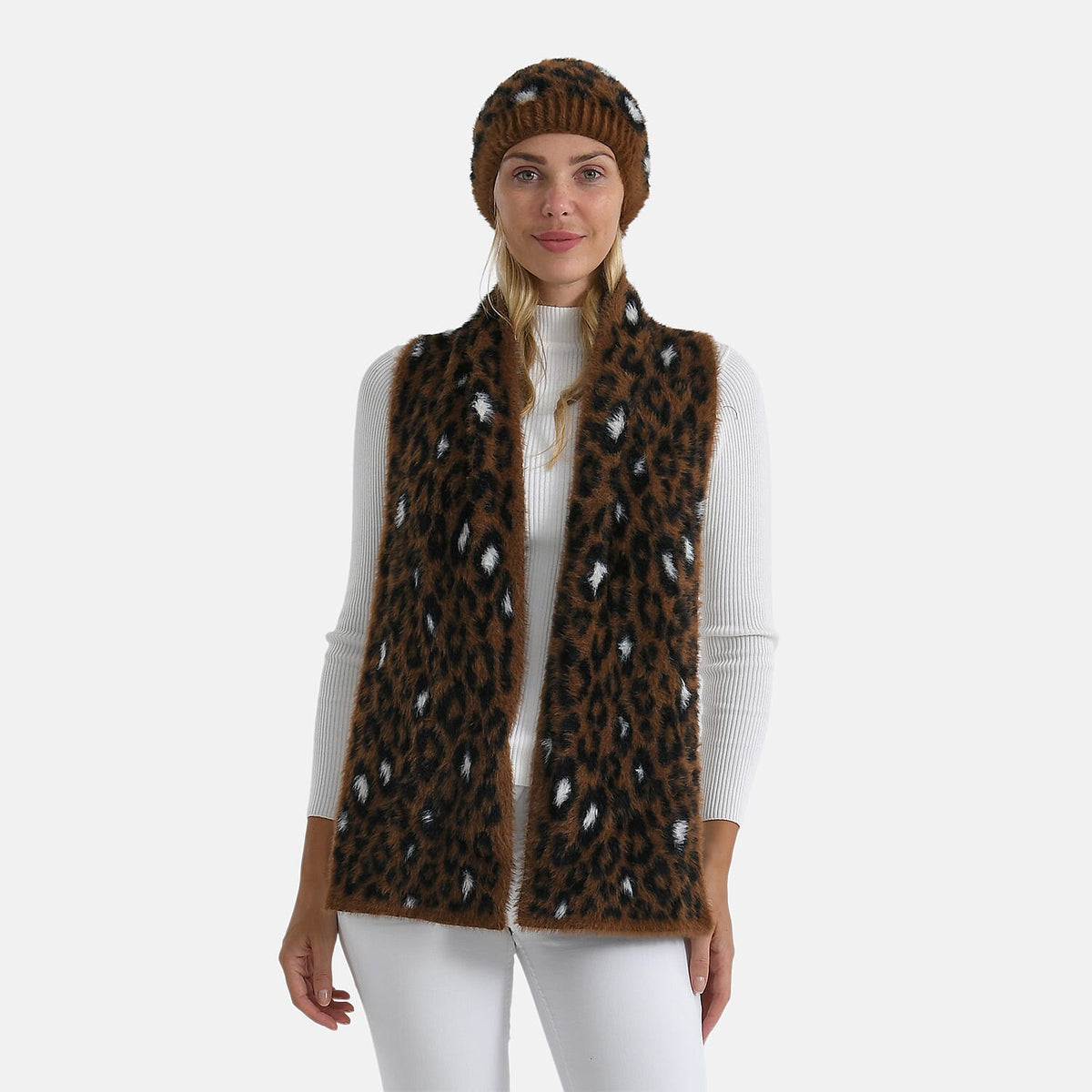 Styled By Women's Leopard Print Scarf & Hat Set – 2-Piece Winter Accessories