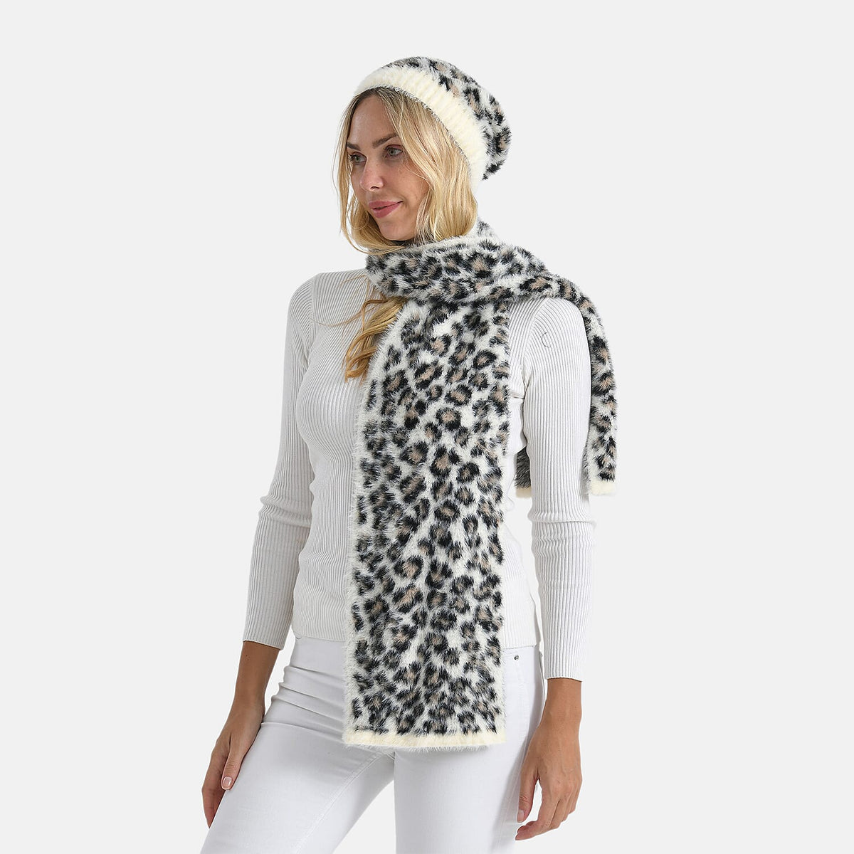 Styled By Women's Leopard Print Scarf & Hat Set – 2-Piece Winter Accessories