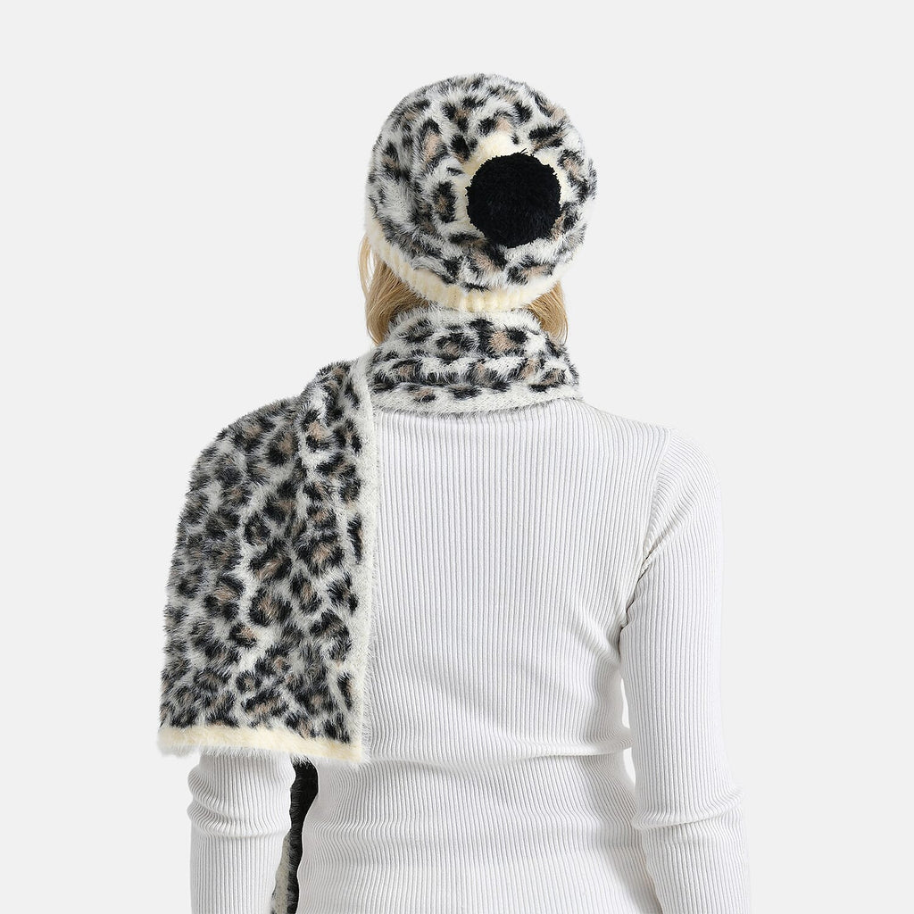 Styled By Women's Leopard Print Scarf & Hat Set – 2-Piece Winter Accessories