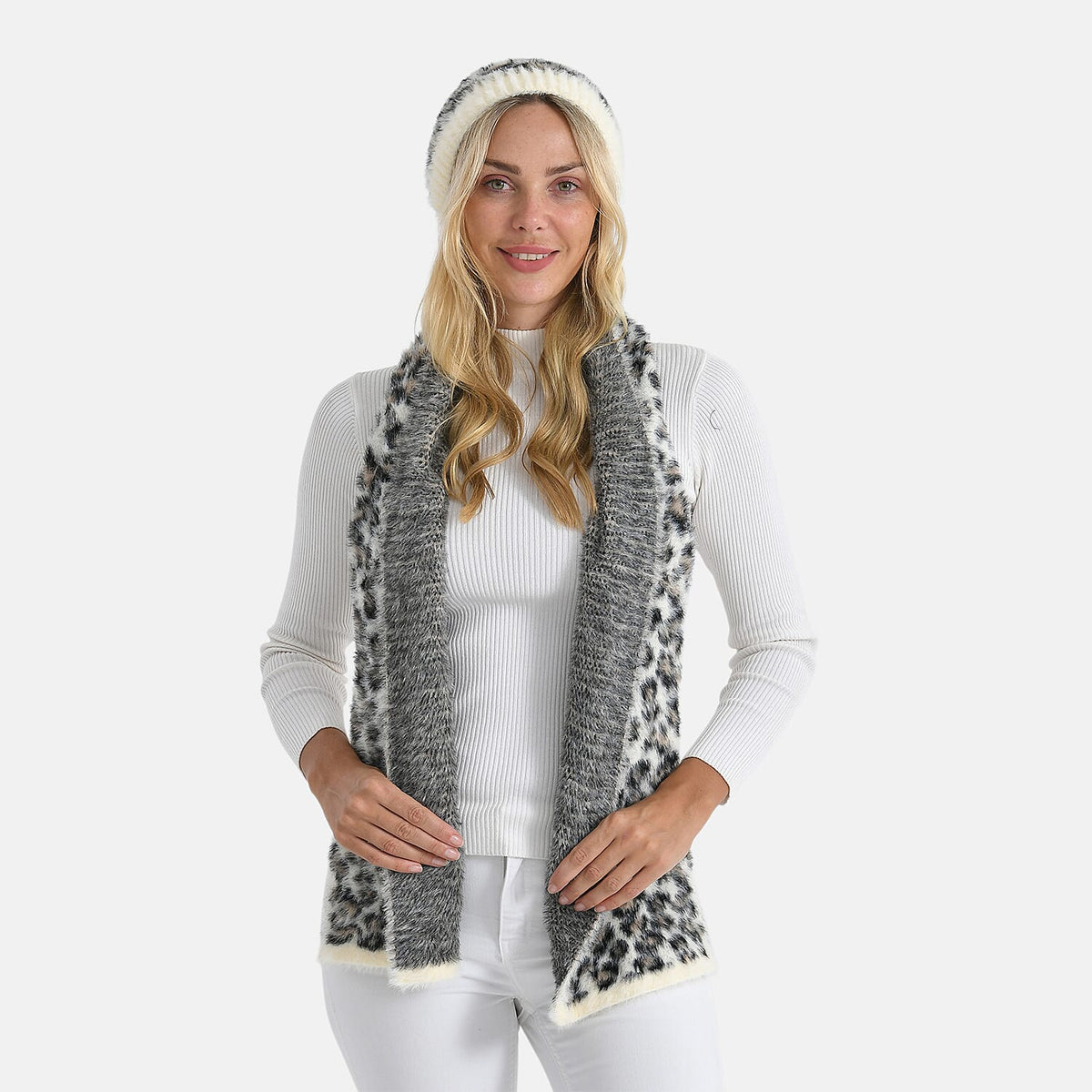 Styled By Women's Leopard Print Scarf & Hat Set – 2-Piece Winter Accessories