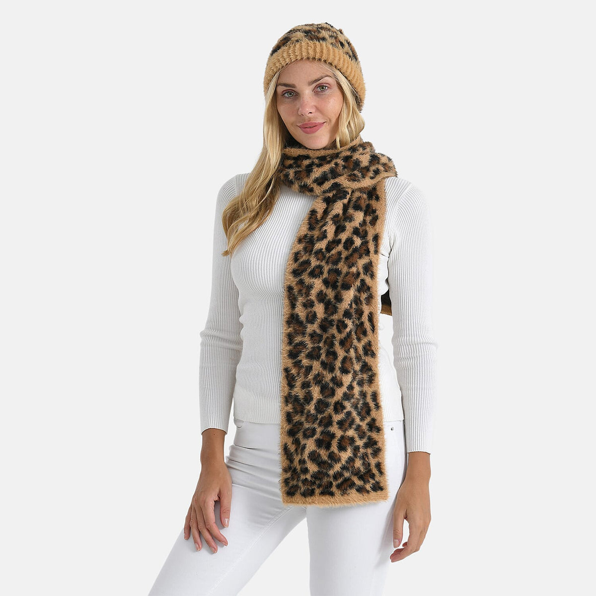 Styled By Women's Leopard Print Scarf & Hat Set – 2-Piece Winter Accessories