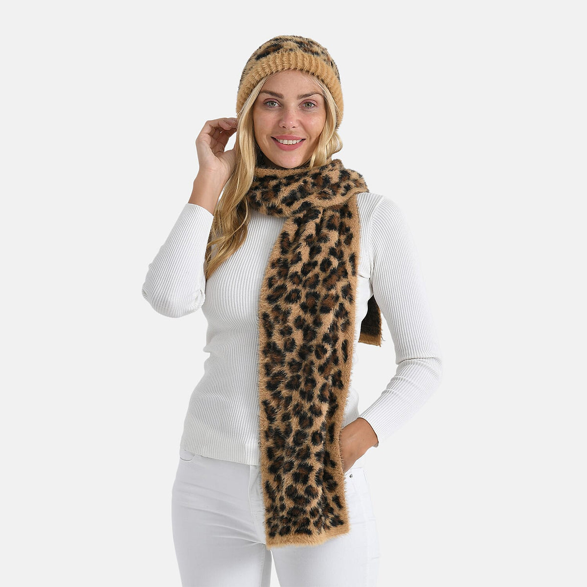Styled By Women's Leopard Print Scarf & Hat Set – 2-Piece Winter Accessories
