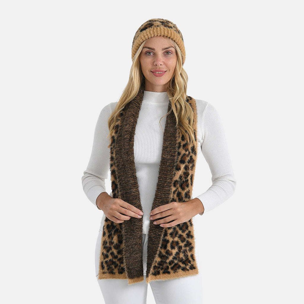 Styled By Women's Leopard Print Scarf & Hat Set – 2-Piece Winter Accessories