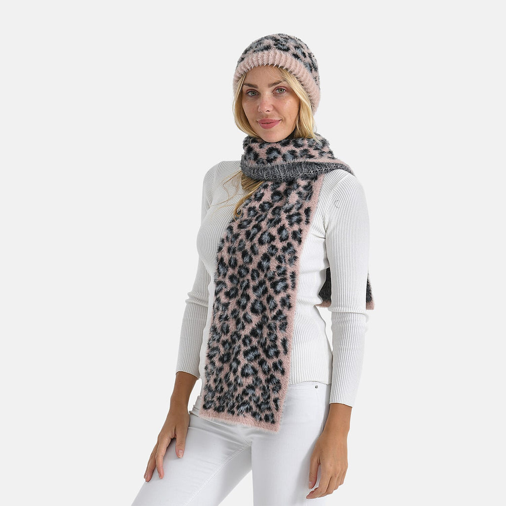 Styled By Women's Leopard Print Scarf & Hat Set – 2-Piece Winter Accessories