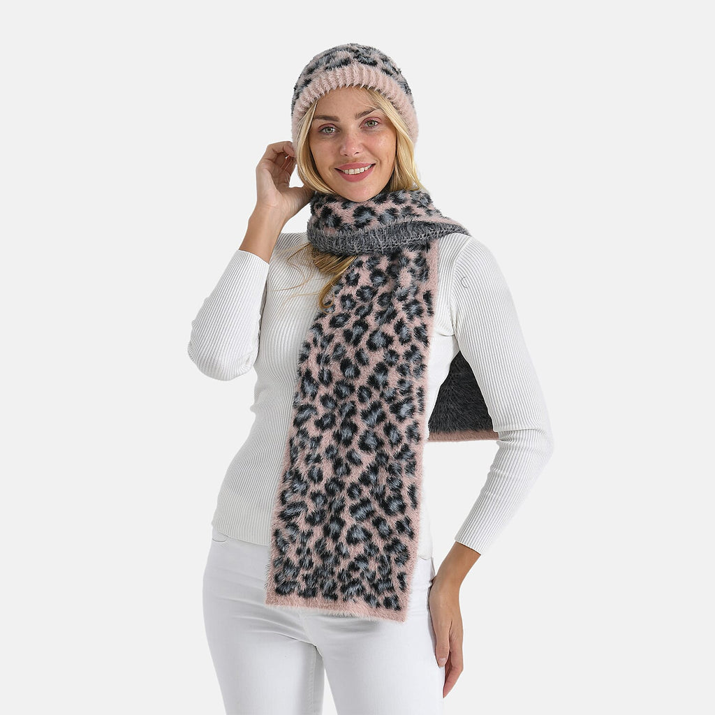 Styled By Women's Leopard Print Scarf & Hat Set – 2-Piece Winter Accessories