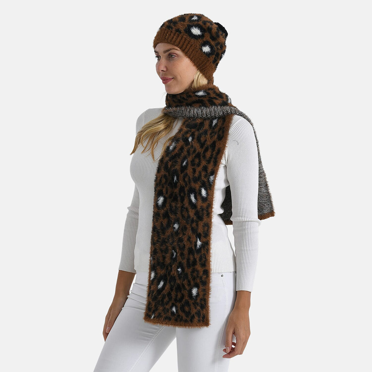 Styled By Women's Leopard Print Scarf & Hat Set – 2-Piece Winter Accessories