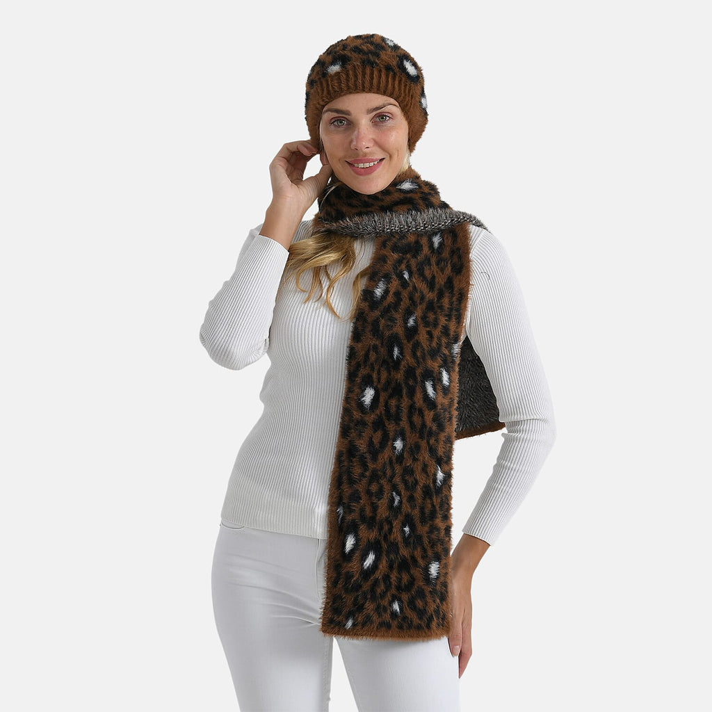Styled By Women's Leopard Print Scarf & Hat Set – 2-Piece Winter Accessories
