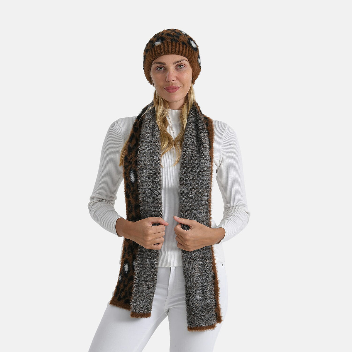 Styled By Women's Leopard Print Scarf & Hat Set – 2-Piece Winter Accessories