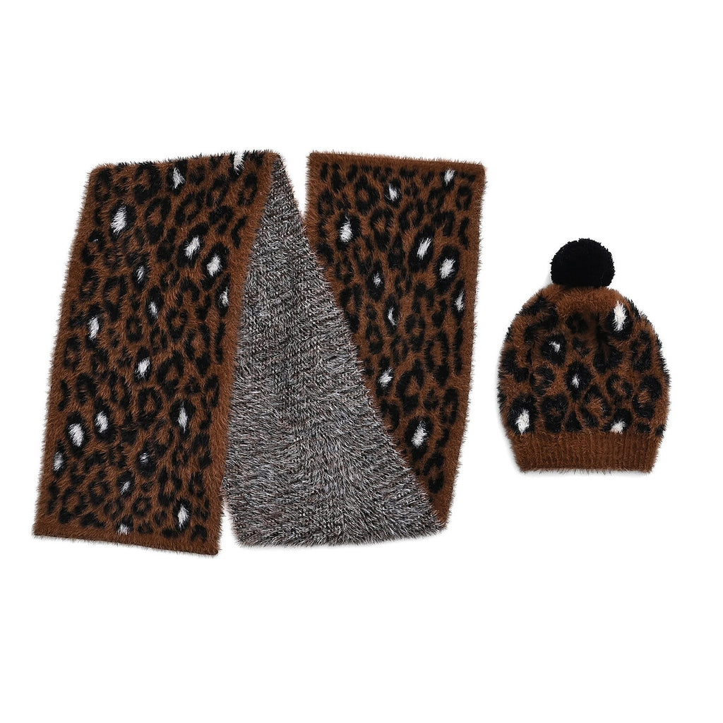 Styled By Women's Leopard Print Scarf & Hat Set – 2-Piece Winter Accessories