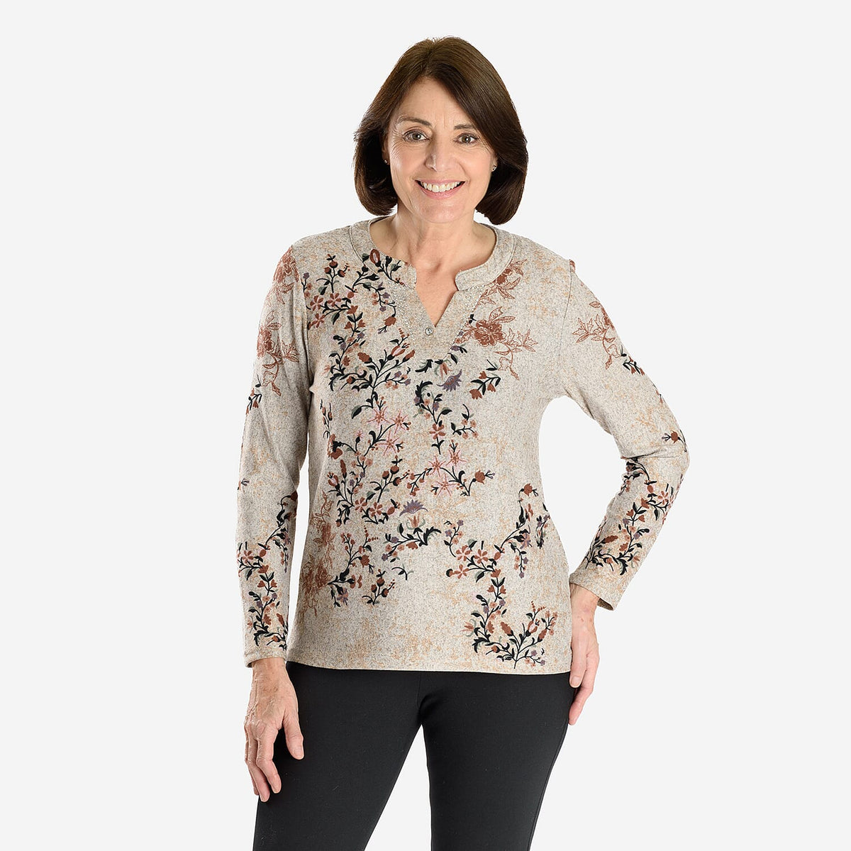 Sugar Crisp Floral Printed Long Sleeve V-Neck Blouse