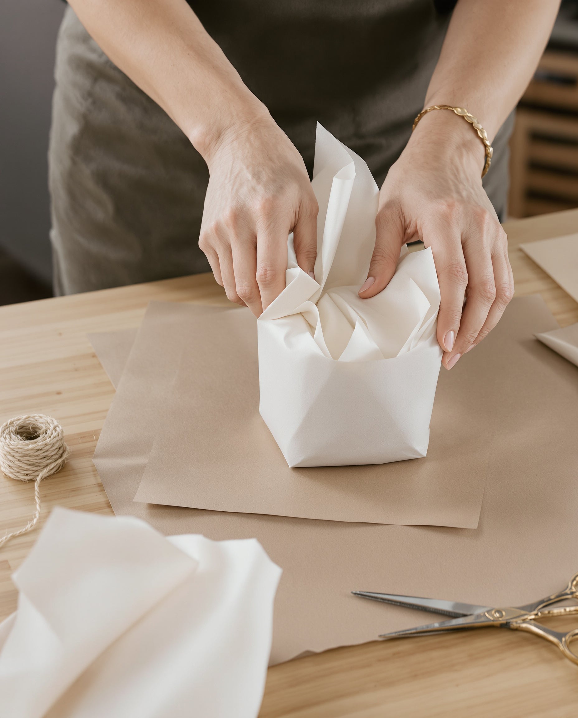 Naldony shipping packaging — hands wrapping a small parcel in plain tissue paper, no product visible through the wrap