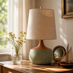 Table Lamp with Wooden Base, Linen Shade and Cement-Look Cylinder | Modern Design