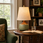 Table Lamp with Wooden Base, Linen Shade and Cement-Look Cylinder | Modern Design