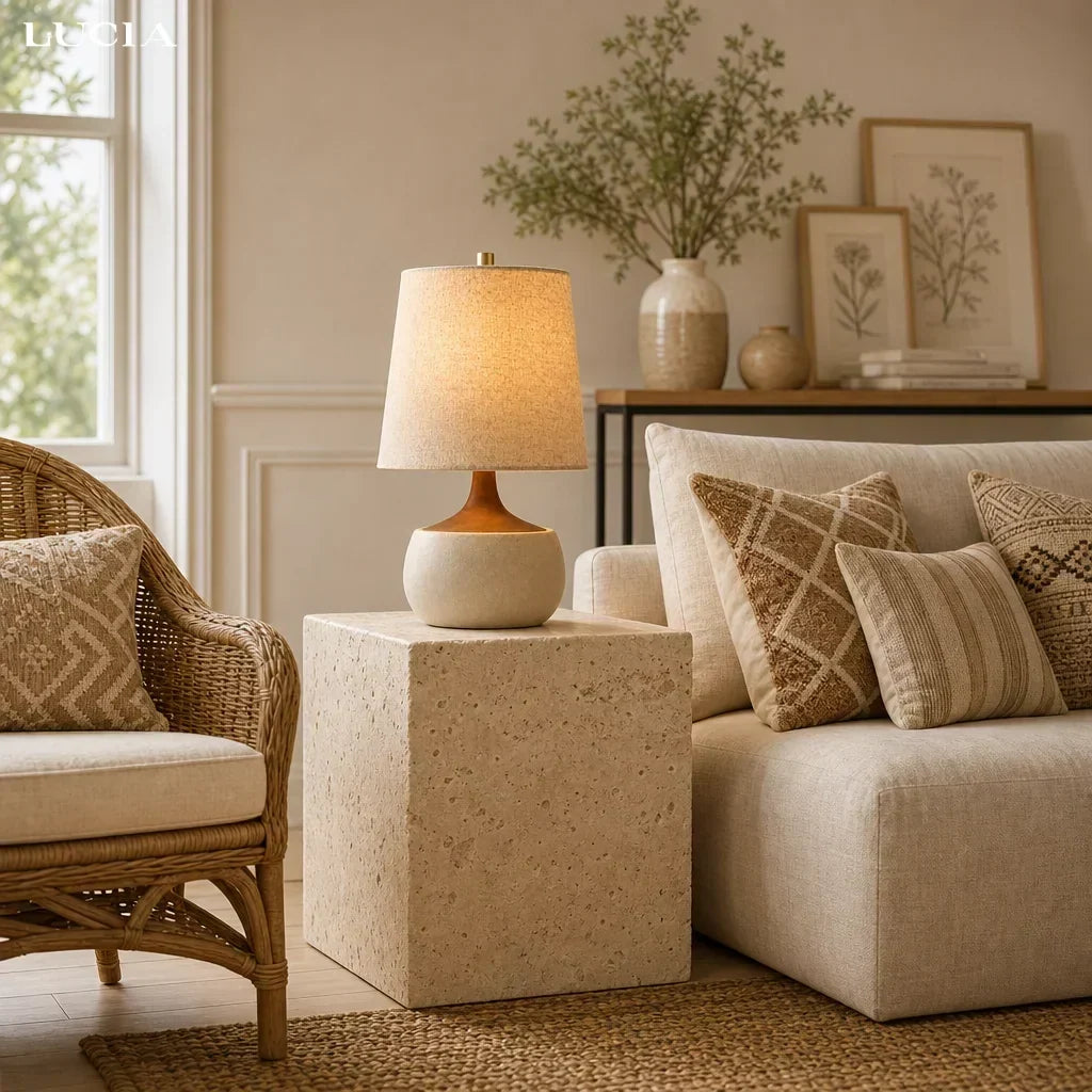 Table Lamp with Wooden Base, Linen Shade and Cement-Look Cylinder | Modern Design