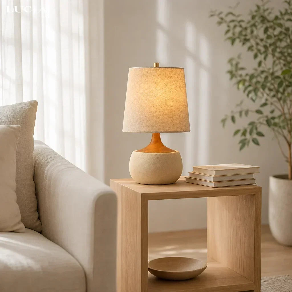 Table Lamp with Wooden Base, Linen Shade and Cement-Look Cylinder | Modern Design