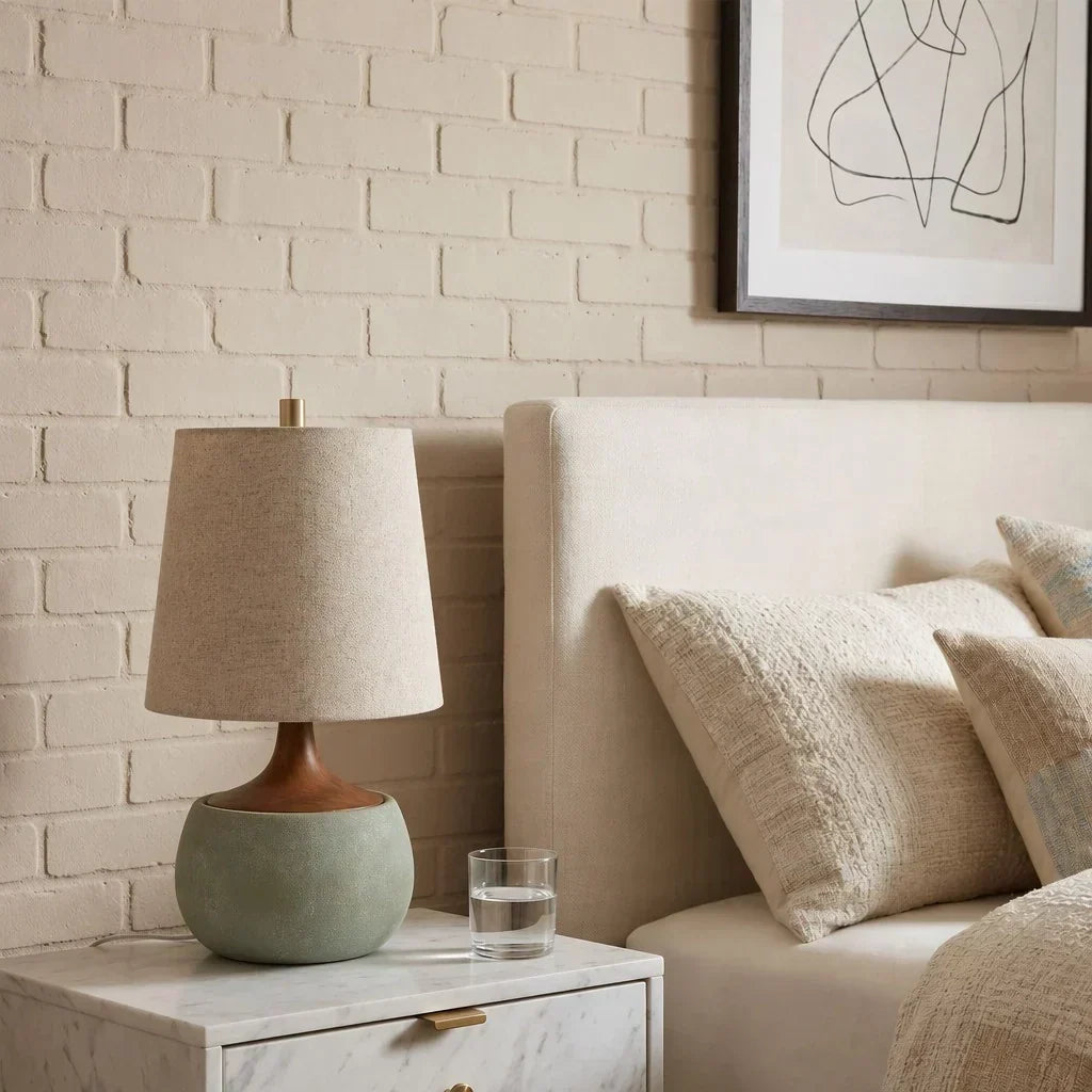 Table Lamp with Wooden Base, Linen Shade and Cement-Look Cylinder | Modern Design