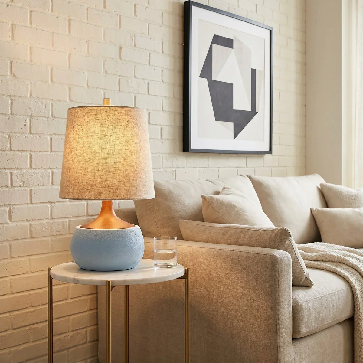 Table Lamp with Wooden Base, Linen Shade and Cement-Look Cylinder | Modern Design