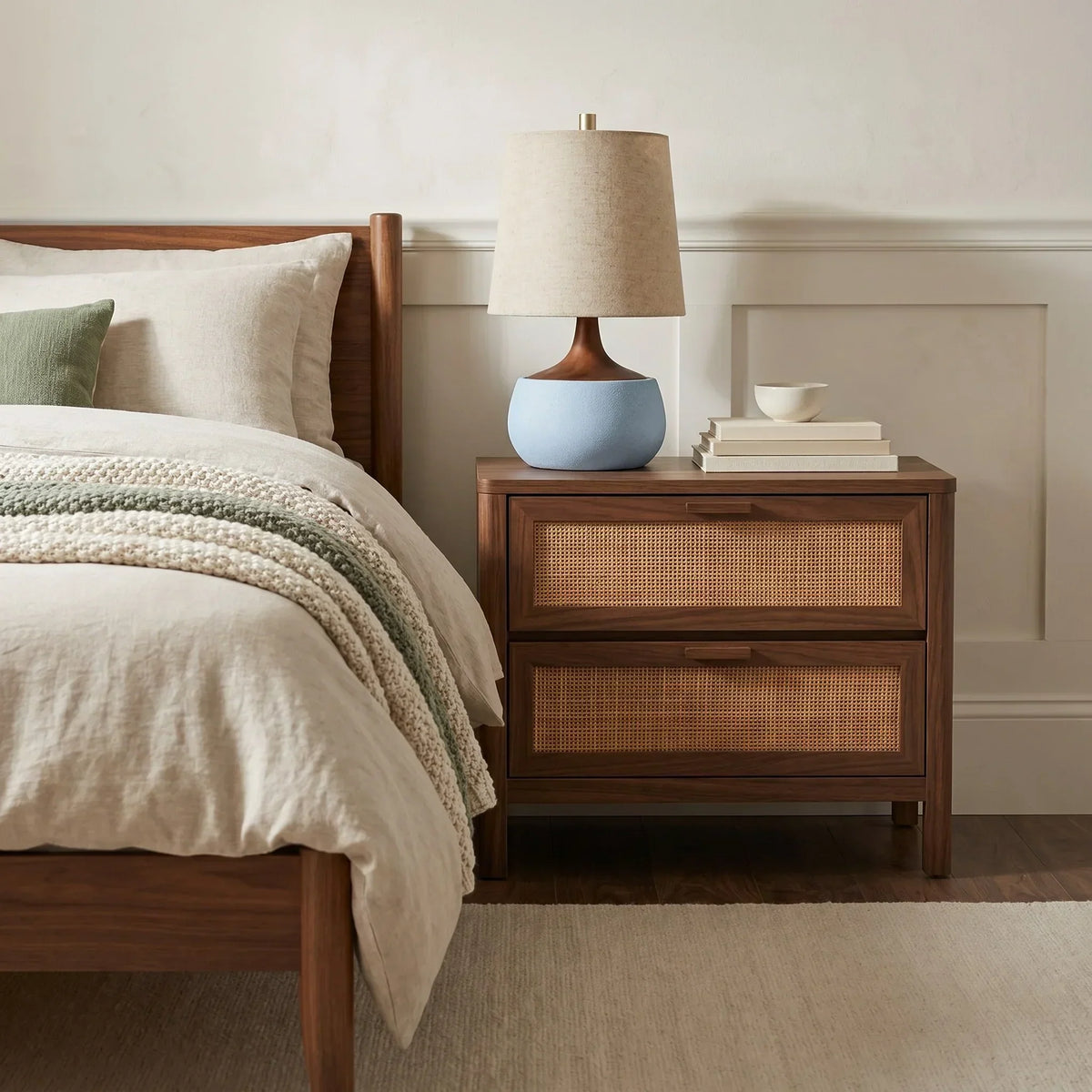Table Lamp with Wooden Base, Linen Shade and Cement-Look Cylinder | Modern Design