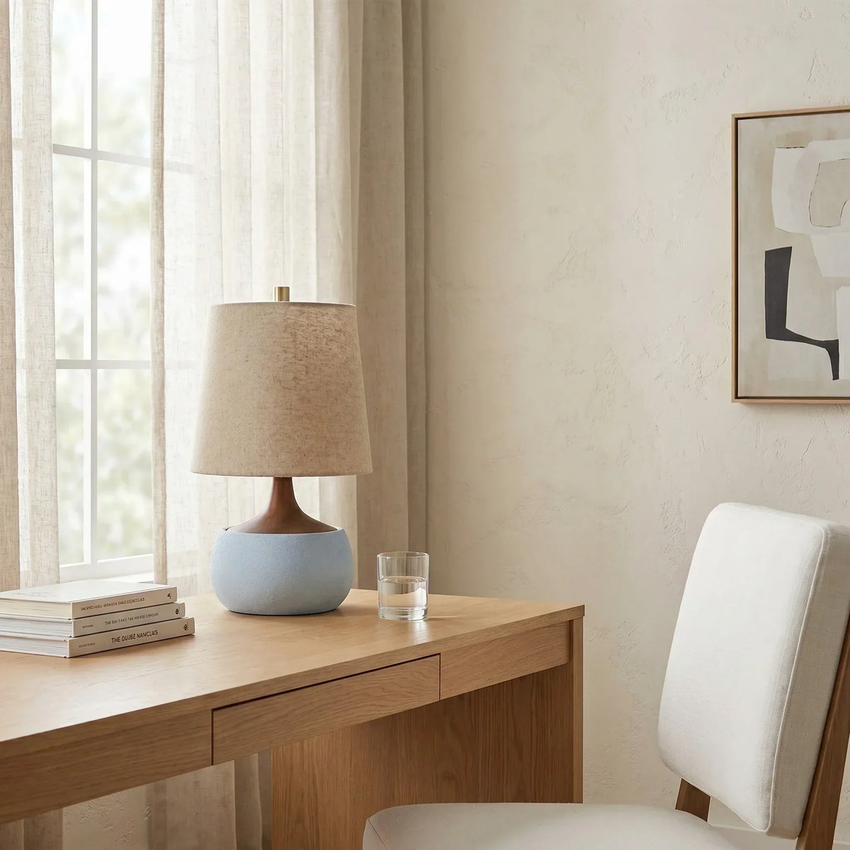 Table Lamp with Wooden Base, Linen Shade and Cement-Look Cylinder | Modern Design