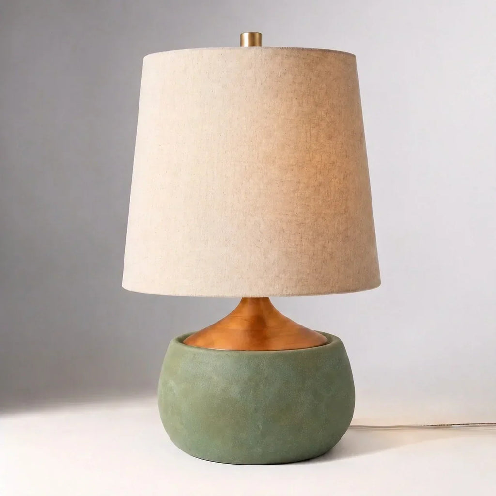 Table Lamp with Wooden Base, Linen Shade and Cement-Look Cylinder | Modern Design