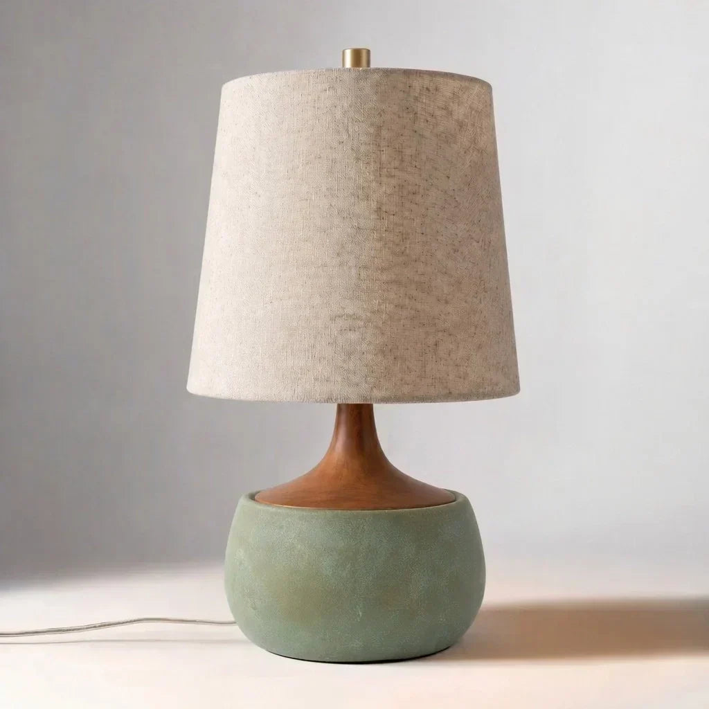 Table Lamp with Wooden Base, Linen Shade and Cement-Look Cylinder | Modern Design