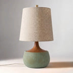 Table Lamp with Wooden Base, Linen Shade and Cement-Look Cylinder | Modern Design