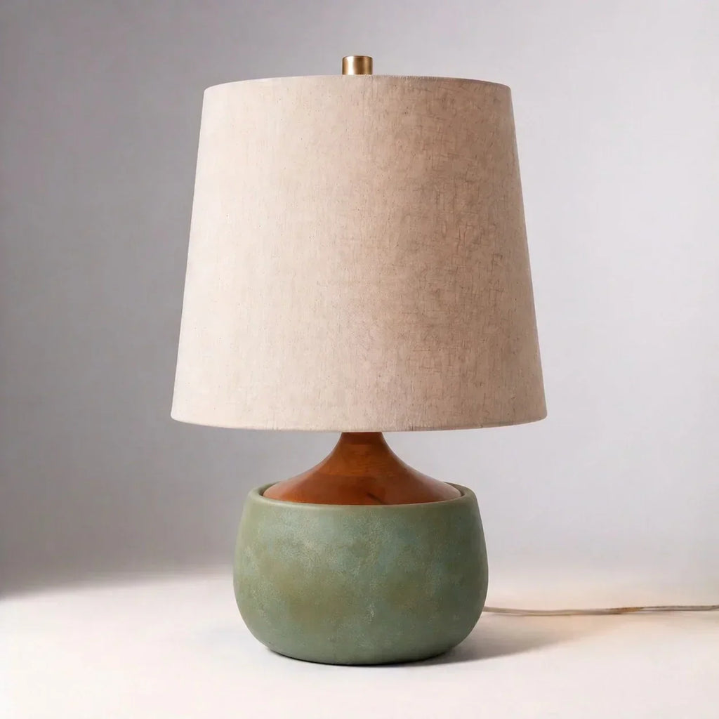 Table Lamp with Wooden Base, Linen Shade and Cement-Look Cylinder | Modern Design