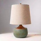 Table Lamp with Wooden Base, Linen Shade and Cement-Look Cylinder | Modern Design