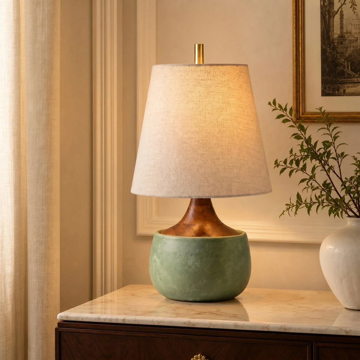 Table Lamp with Wooden Base, Linen Shade and Cement-Look Cylinder | Modern Design