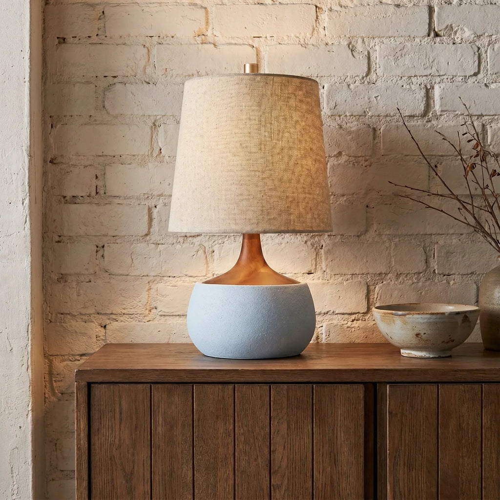 Table Lamp with Wooden Base, Linen Shade and Cement-Look Cylinder | Modern Design
