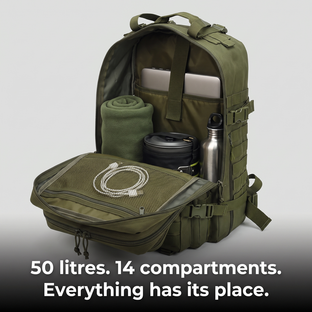 Tactical Backpack - 50 Litre Military Backpack with MOLLE - Hiking Backpack