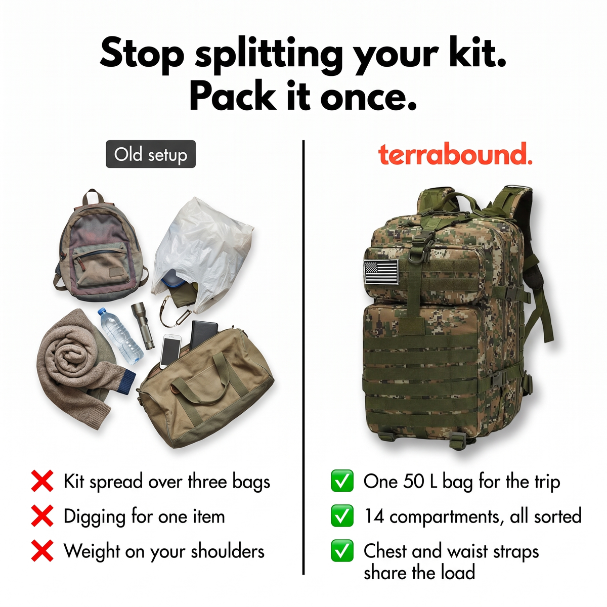 Tactical Backpack - 50 Litre Military Backpack with MOLLE - Hiking Backpack