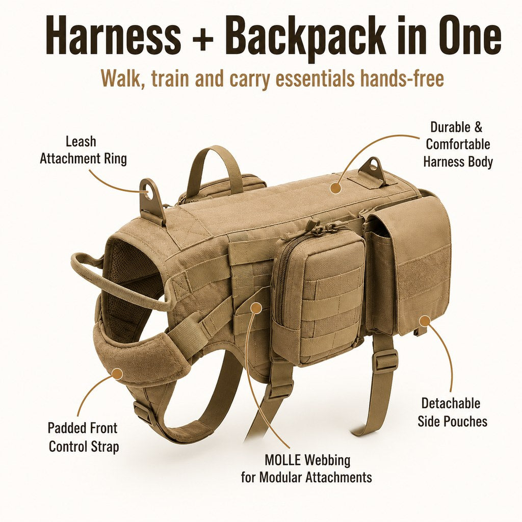 Tactical Dog Backpack Harness for Hiking & Daily Walks – Detachable Pouches for Gear & Better Control