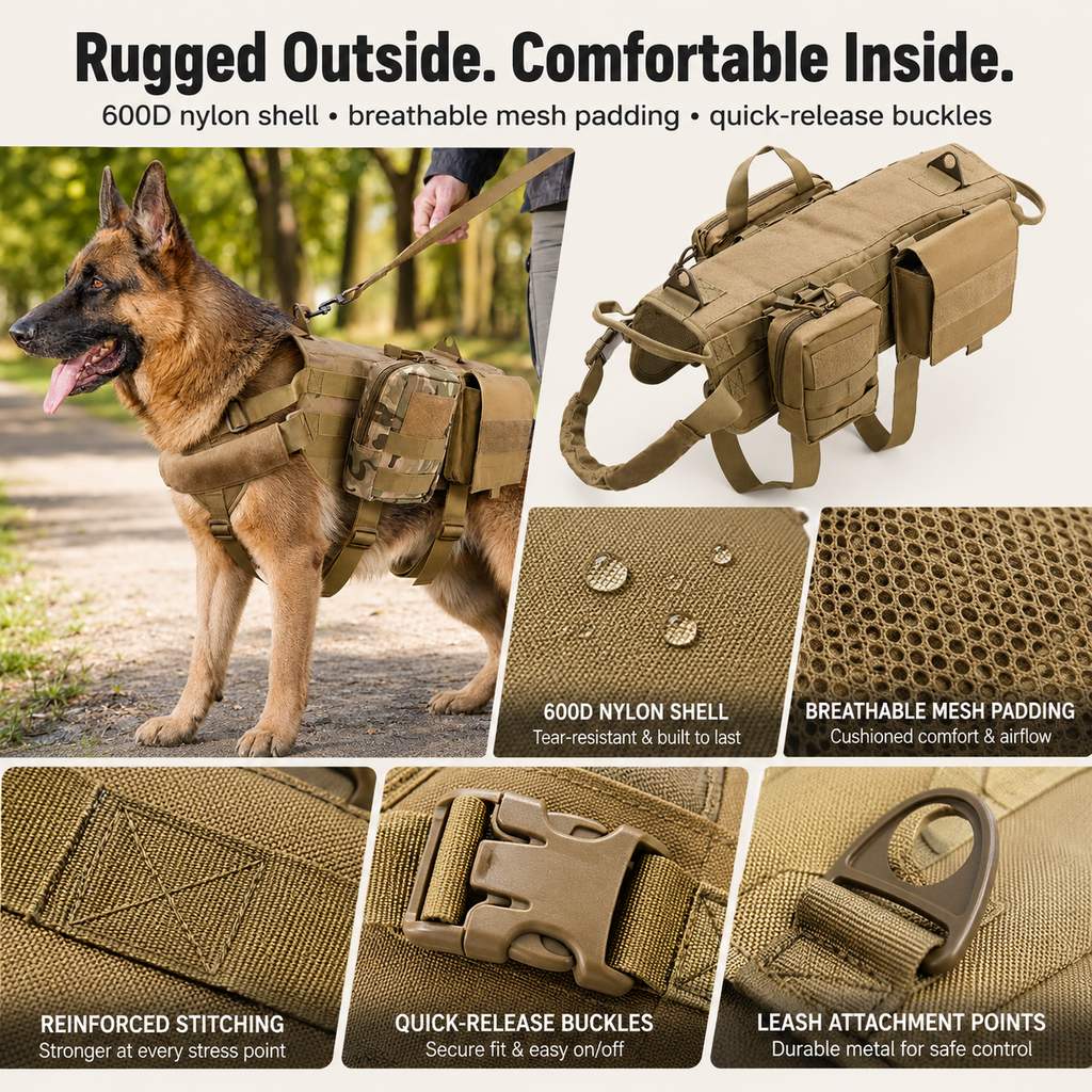Tactical Dog Backpack Harness for Hiking & Daily Walks – Detachable Pouches for Gear & Better Control