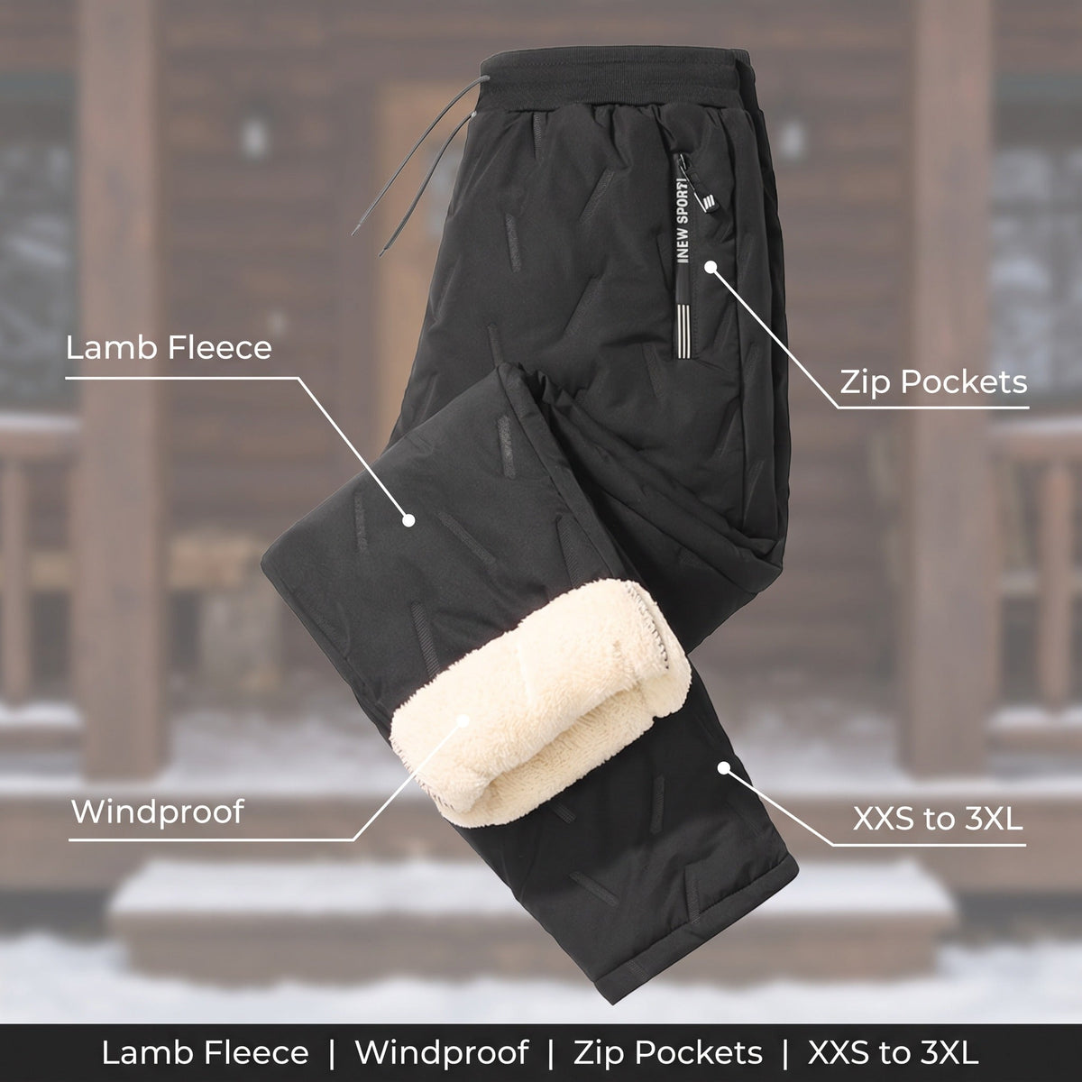 Unisex Thermal Joggers Lamb Fleece Lined Windproof Zip Pocket Pants