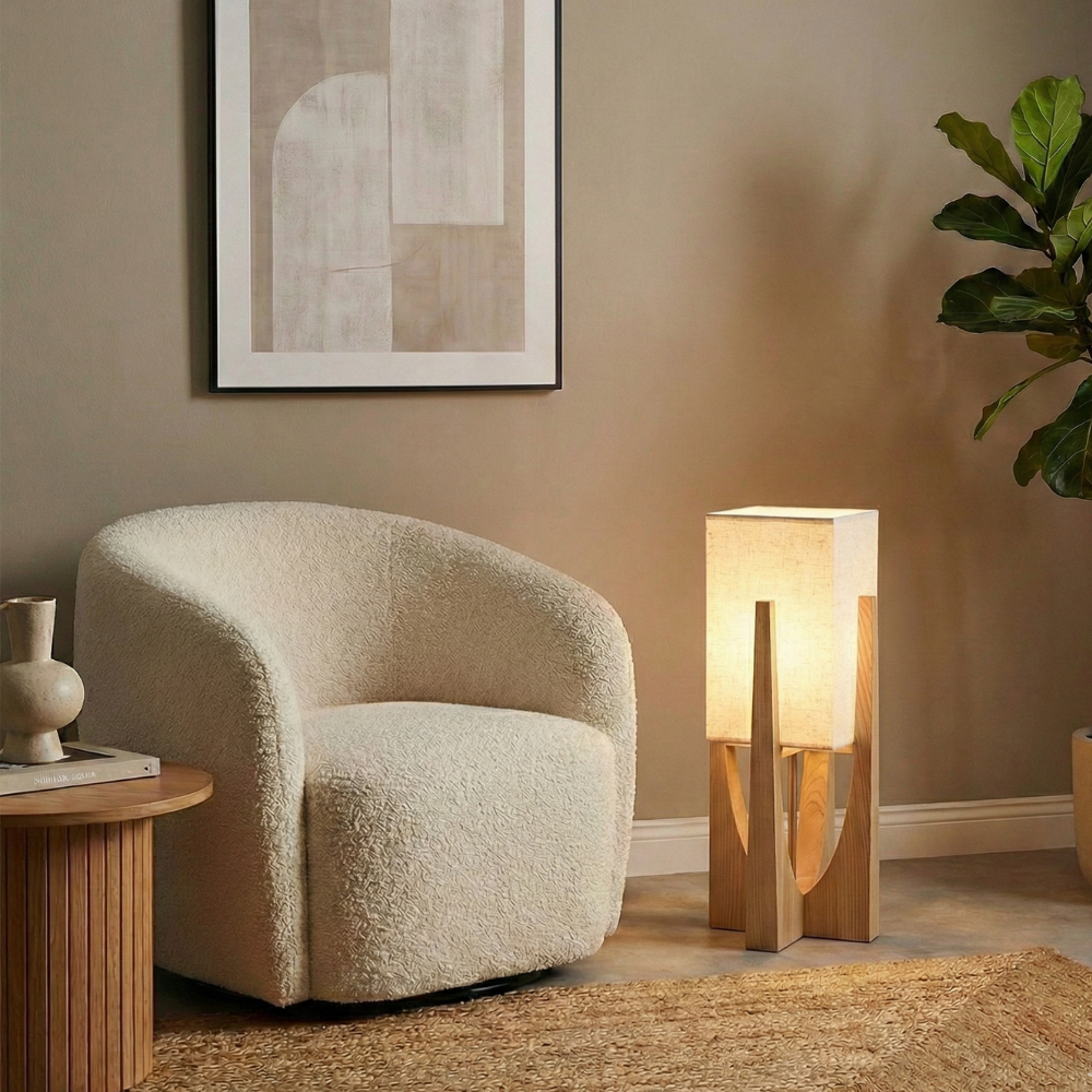 Wabi Sabi Floor Lamp with Fabric Shade and Wooden Base for Living Room