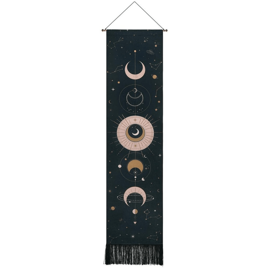 Wall Tapestry | Moon Phase Print | Fringed Bottom Edge