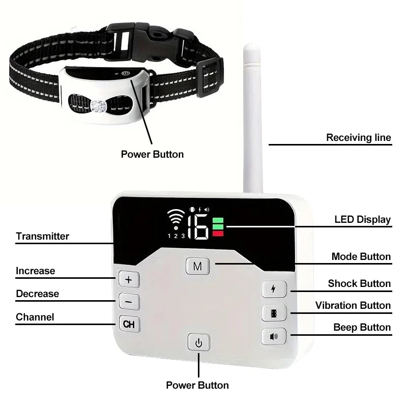 Wireless Dog Fence & Training Collar – IP65 Waterproof – 300 m Range – Rechargeable – For 1 or 2 Dogs