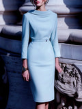 Women's Belted Midi Dress – V-Back & Turn-Down Collar for Work