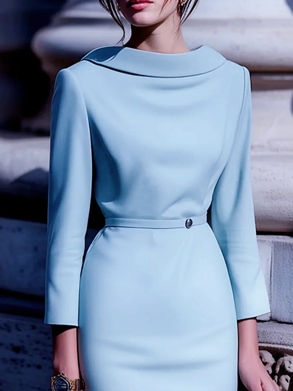 Women's Belted Midi Dress – V-Back & Turn-Down Collar for Work