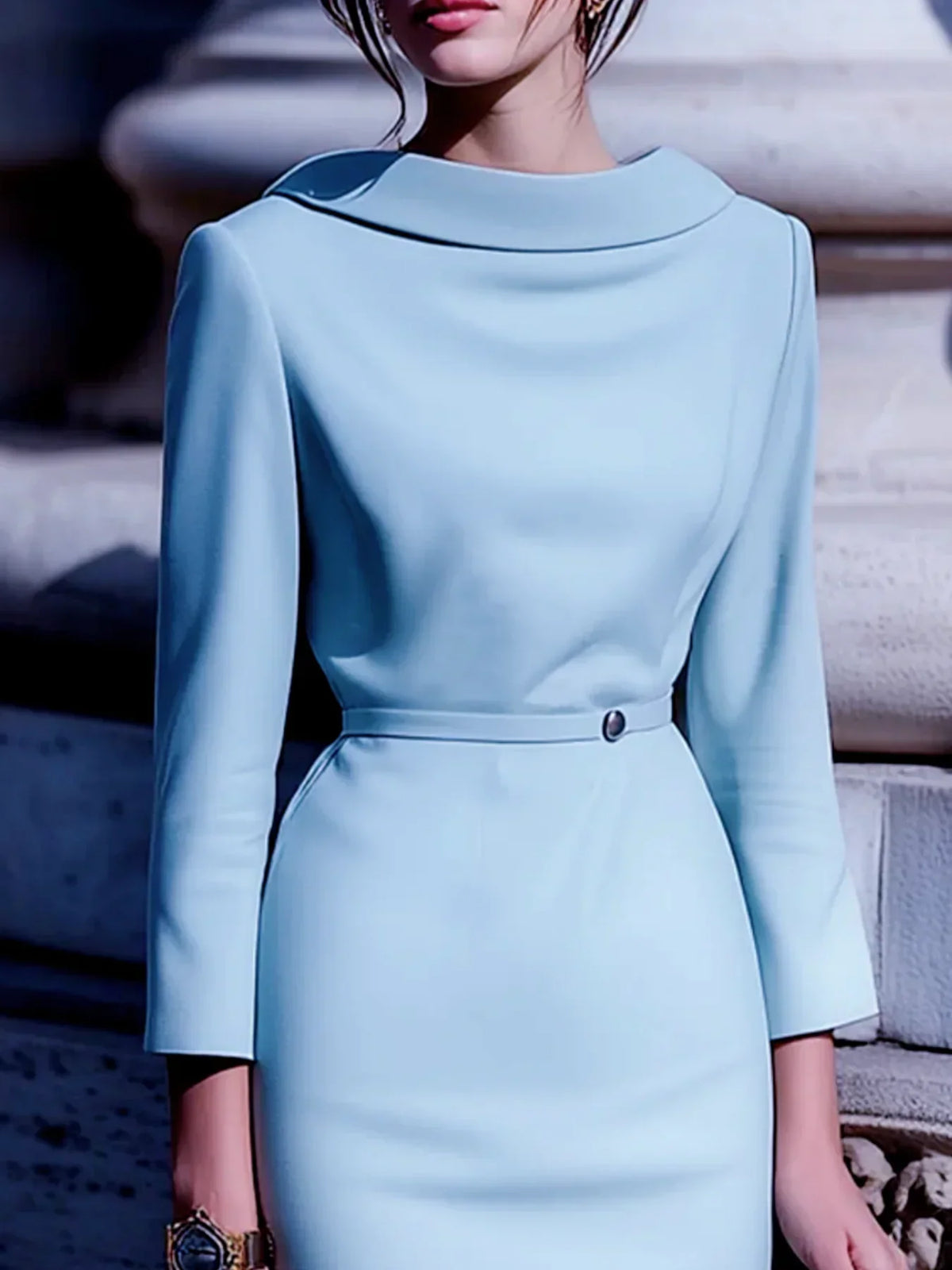 Women's Belted Midi Dress – V-Back & Turn-Down Collar for Work