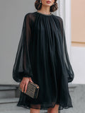 Women's Elegant Black Mini Dress with Embellished Neck & Balloon Sleeves