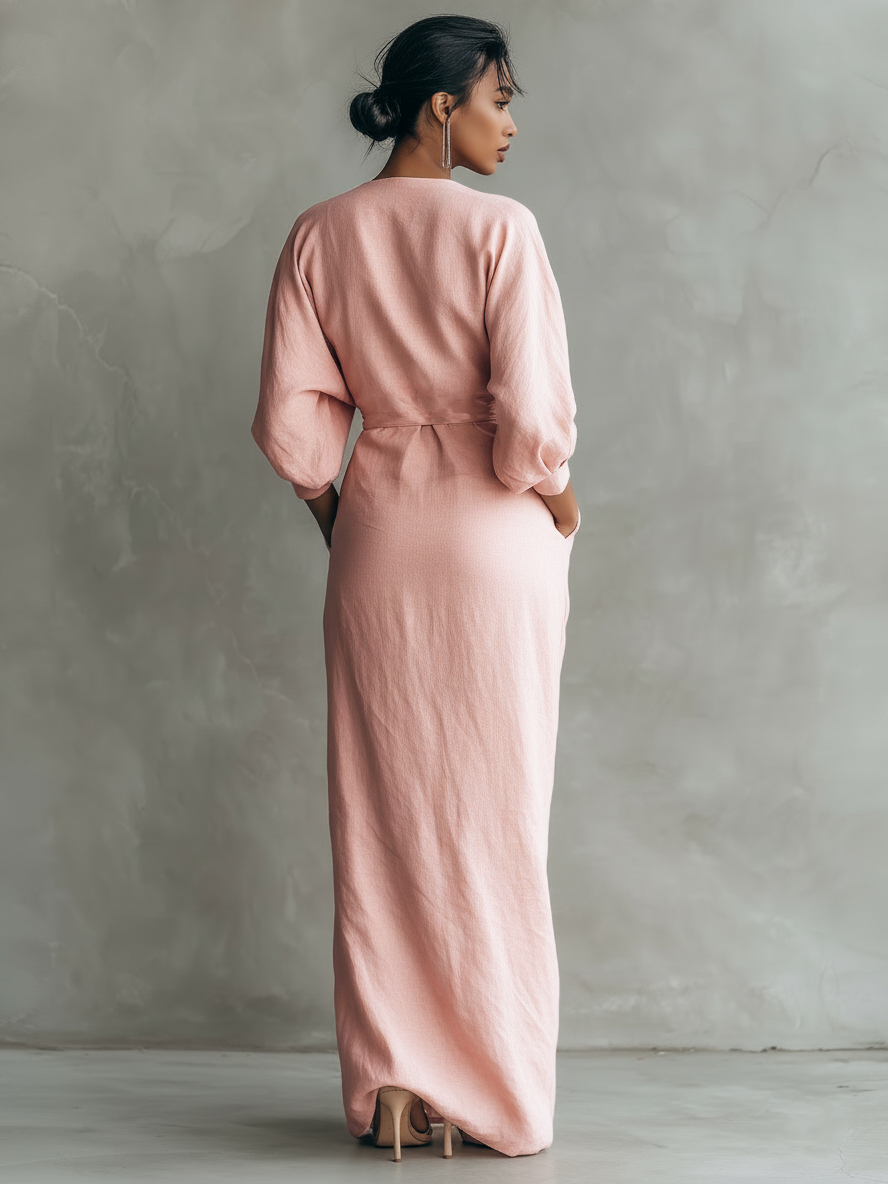 Women's Elegant Draped V-Neck Batwing Sleeve Maxi Dress
