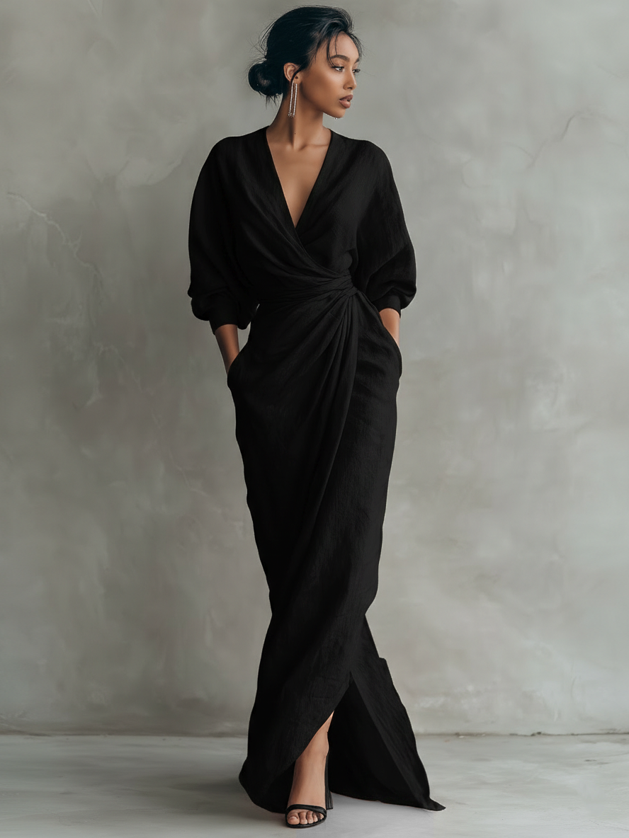 Women's Elegant Draped V-Neck Batwing Sleeve Maxi Dress