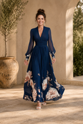 Women's Elegant Sheer Sleeve Pleated Maxi Dress for Special Occasions