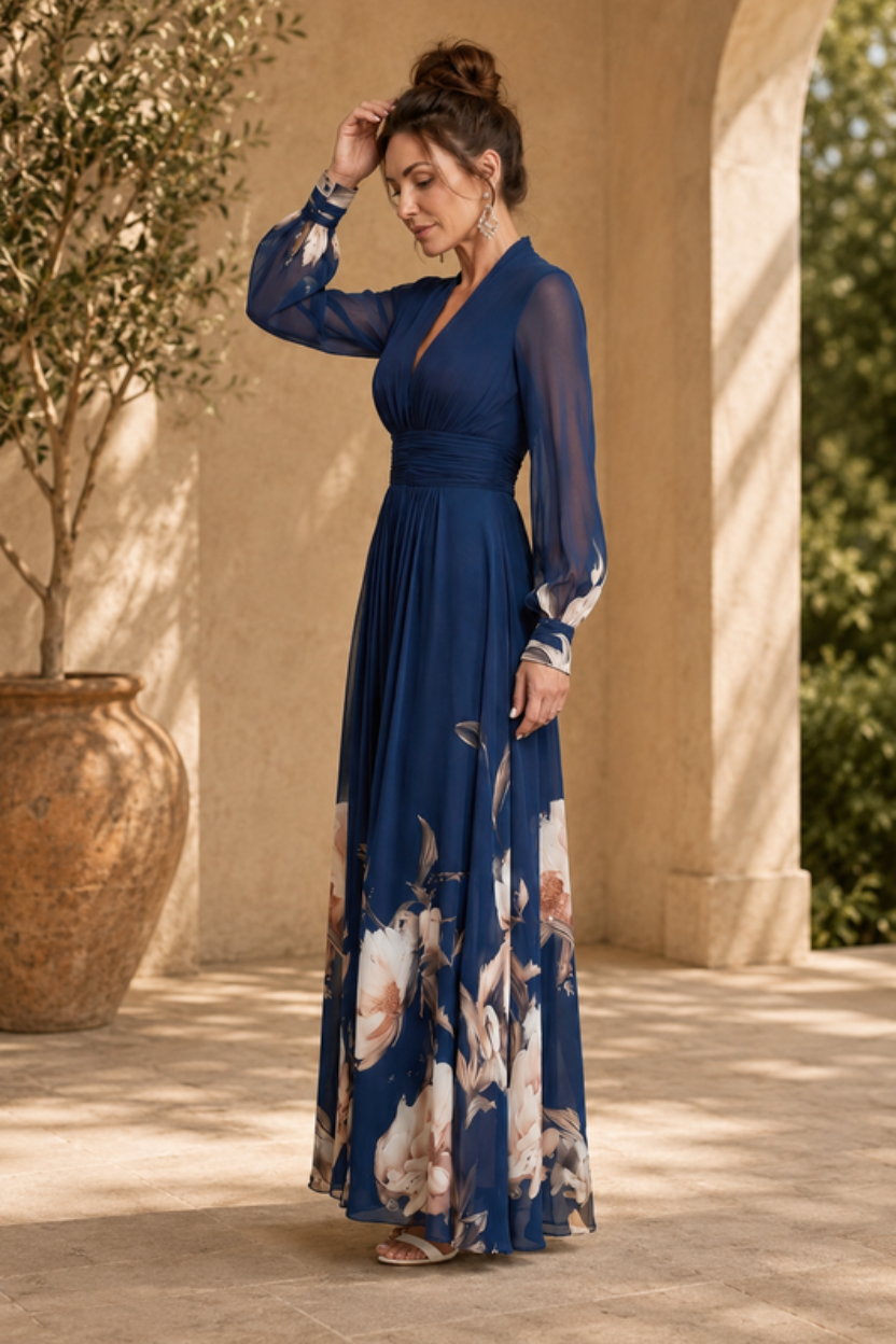 Women's Elegant Sheer Sleeve Pleated Maxi Dress for Special Occasions
